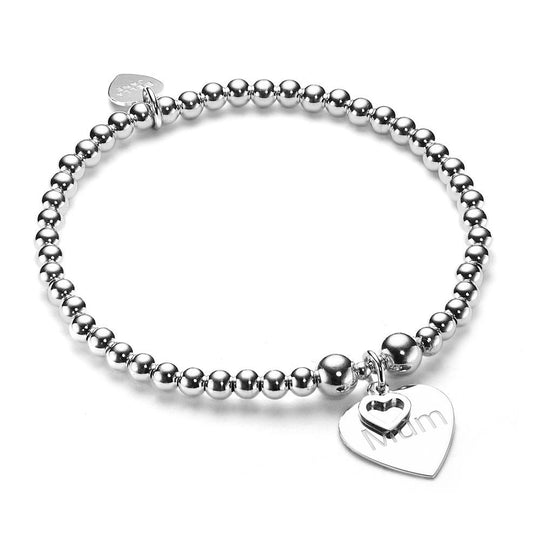 sterling silver beaded stacking bracelet with heart charm featuring the word Mum