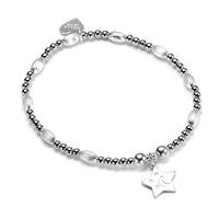 Sterling silver round and oval beaded bracelet, featuring an embossed star charm, displayed on a white background