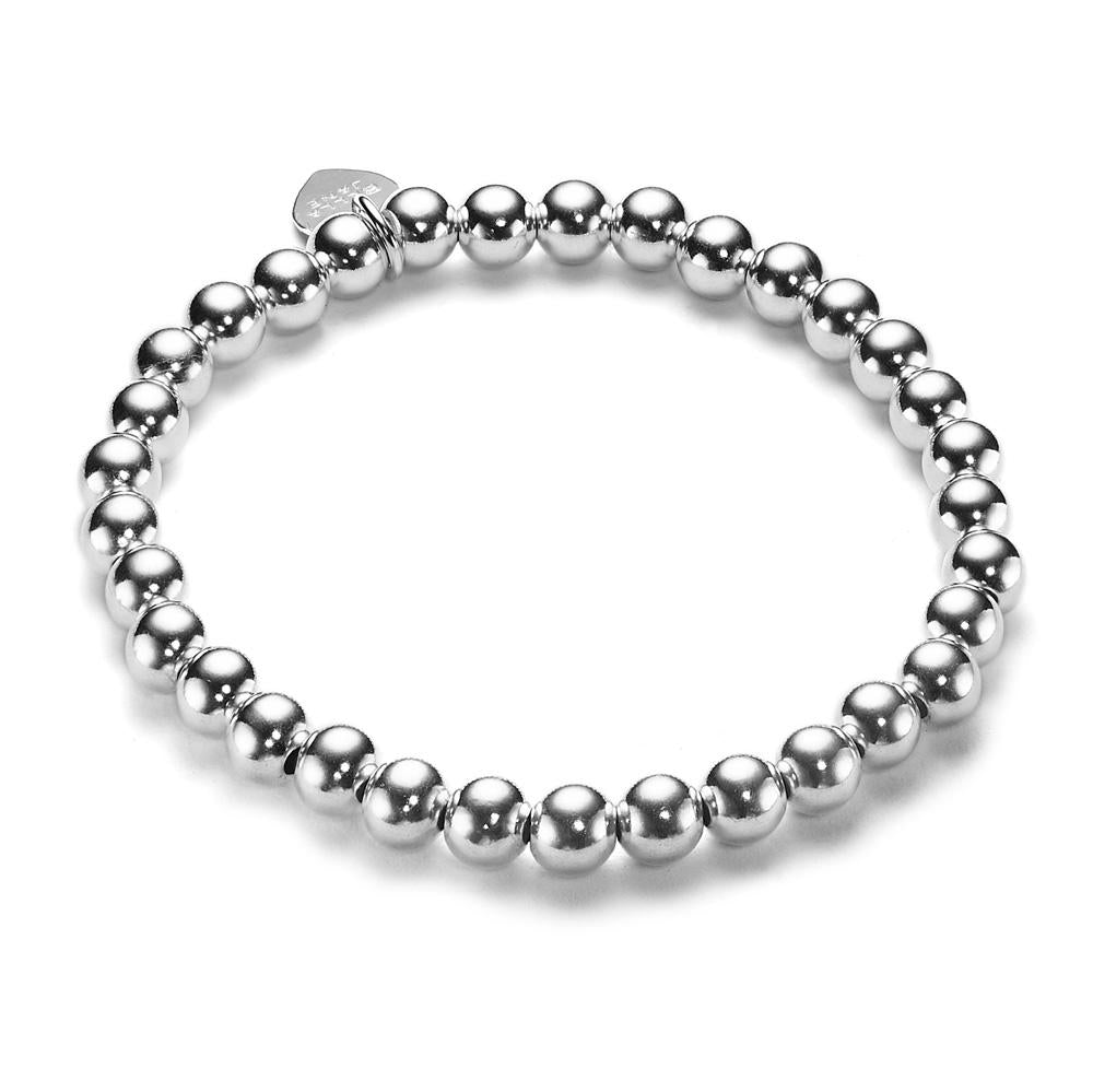 A sterling silver beaded bracelet with 6mm round beads and a signature sterling silver Bella Jane branded heart tag, displayed against a white background.