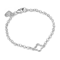 Sterling silver belcher chain bracelet with a central open clover charm on a white background