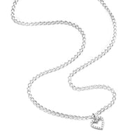 A sterling silver necklace with a delicate link chain, a studded heart charm, and a signature heart tag.